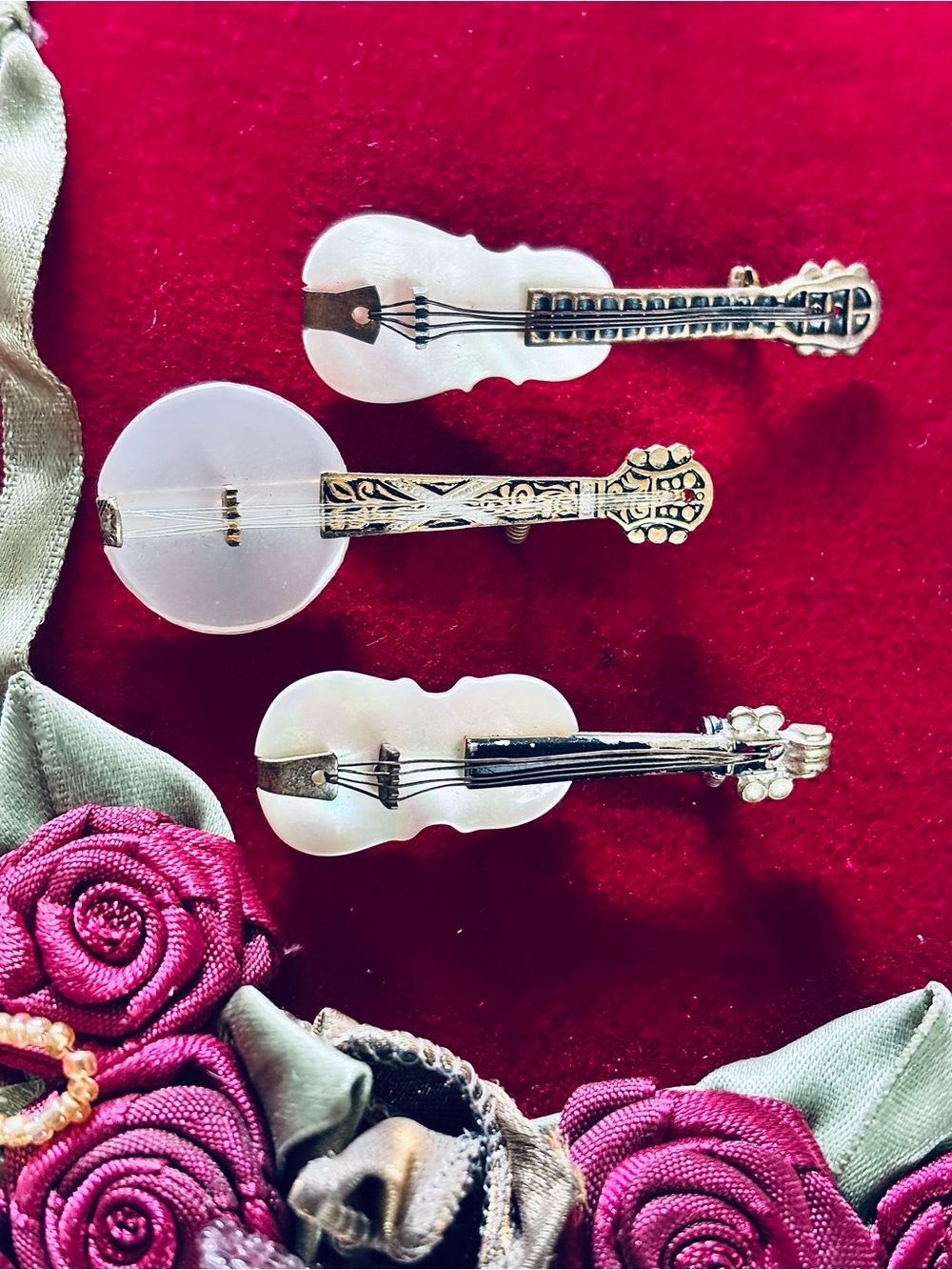 Set of 3 Carved Abalone Shell Musical Brooches Banjo Guitar and Violin